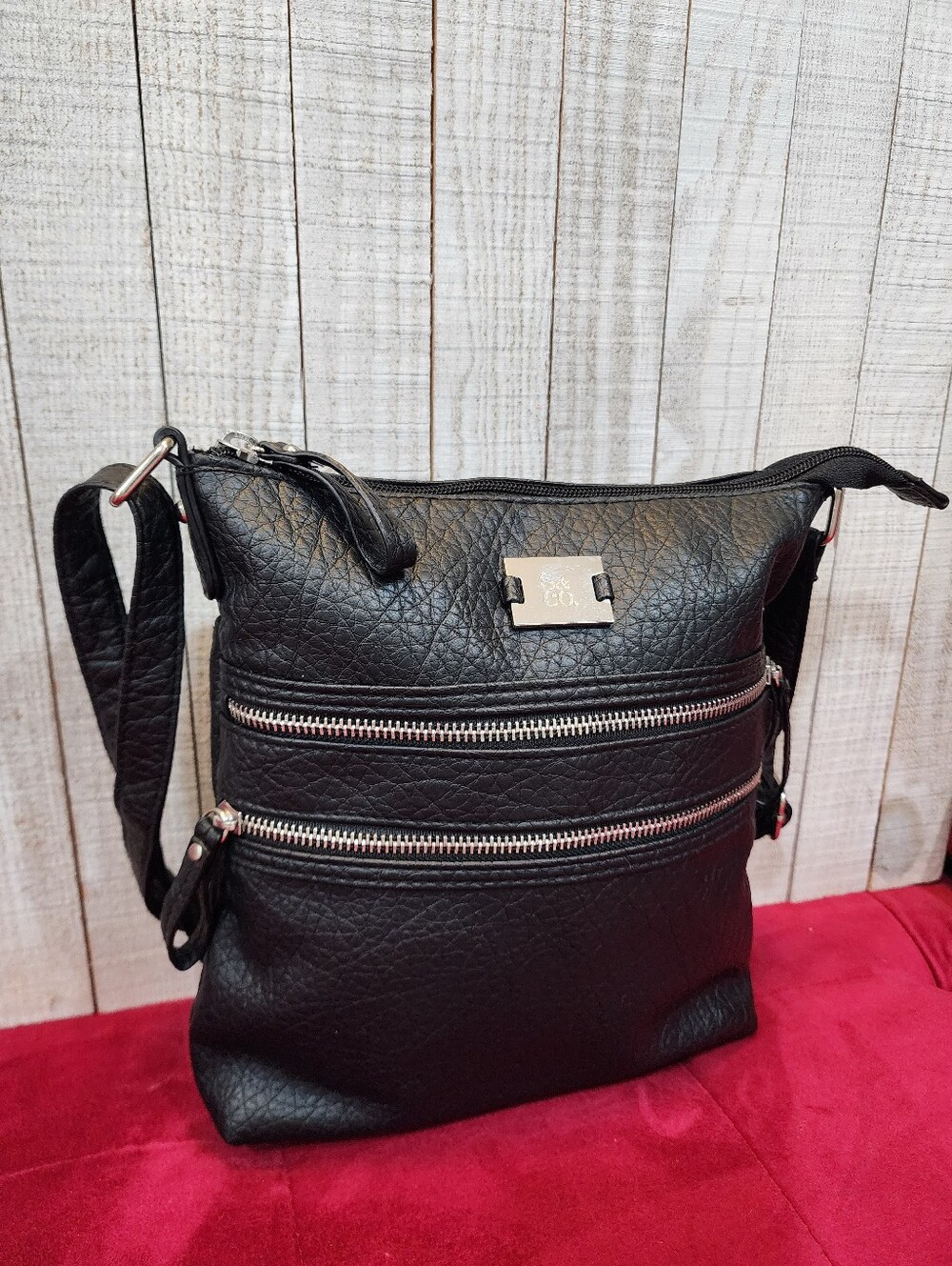Style & Co Black Pebbled Faux Leather Crossbody Bag Double Zip Pockets